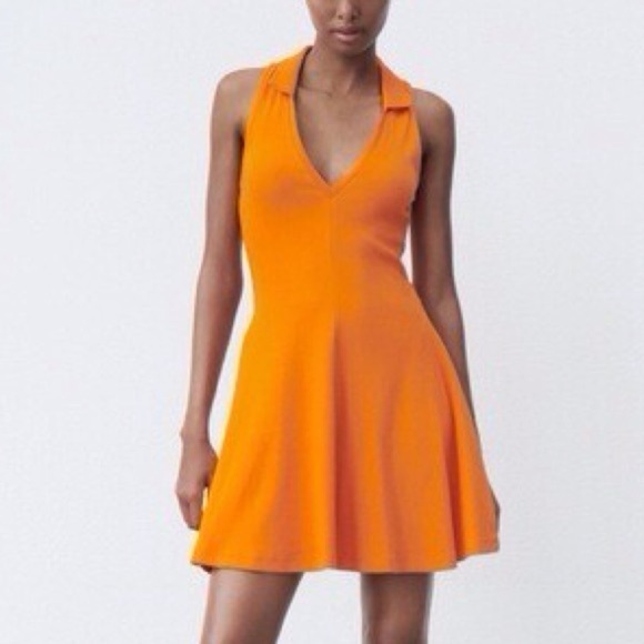 Zara Dresses & Skirts - Zara Women S Orange Ribbed Sporty Sleeveless V-Neck Lapel Collar Skater Dress
